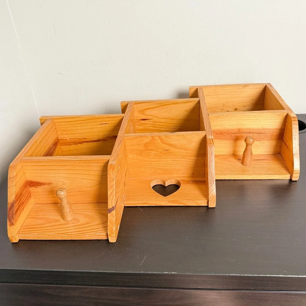 Vtg Pine Staggered Wall Shadow Box Shelf Heart Cutout 3 Tier Rustic Farmhouse
